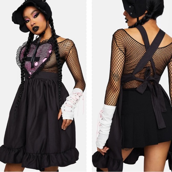 💔SOLD💔BERTHAUX Fix Me Netted Heart Apron Dress Ruffle Skirt Tie Waist Black Pink - Picture 1 of 12